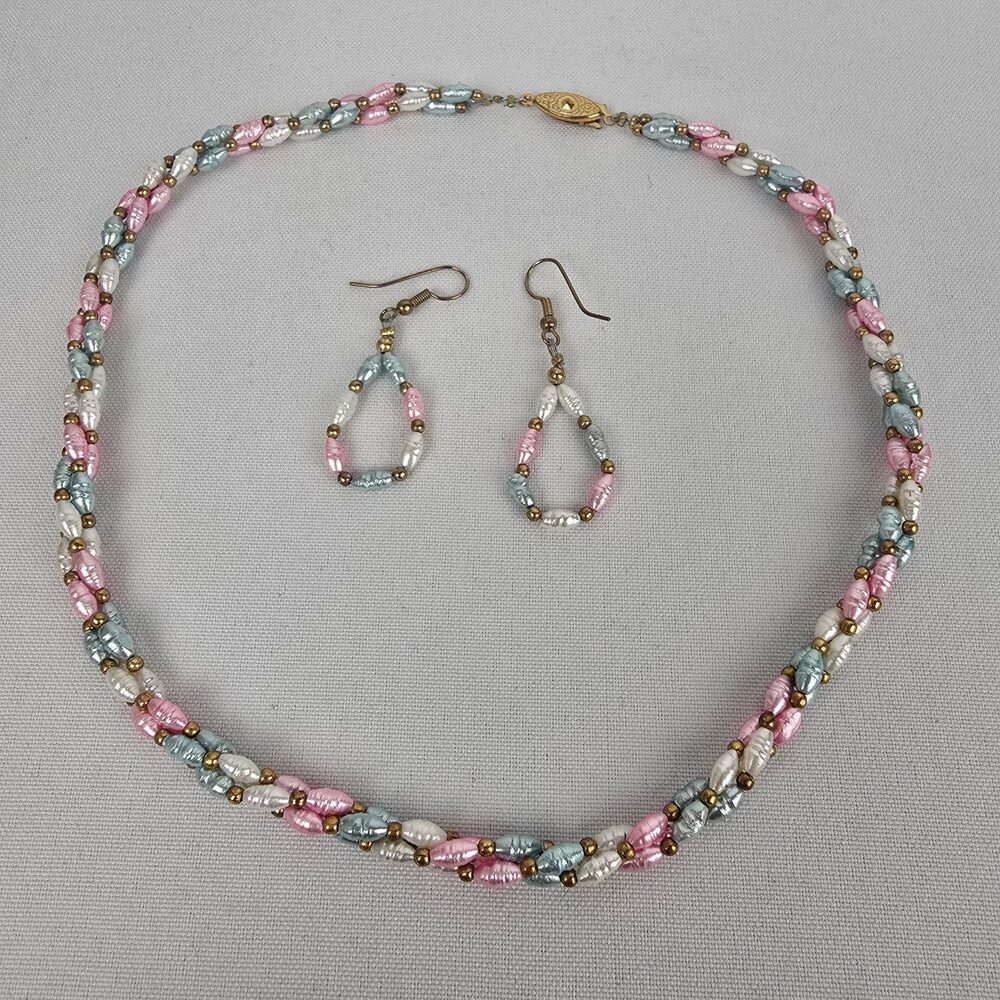 Vintage Colored Pearl Twisted Beaded Sterling Clasp Necklace and Earring Set
